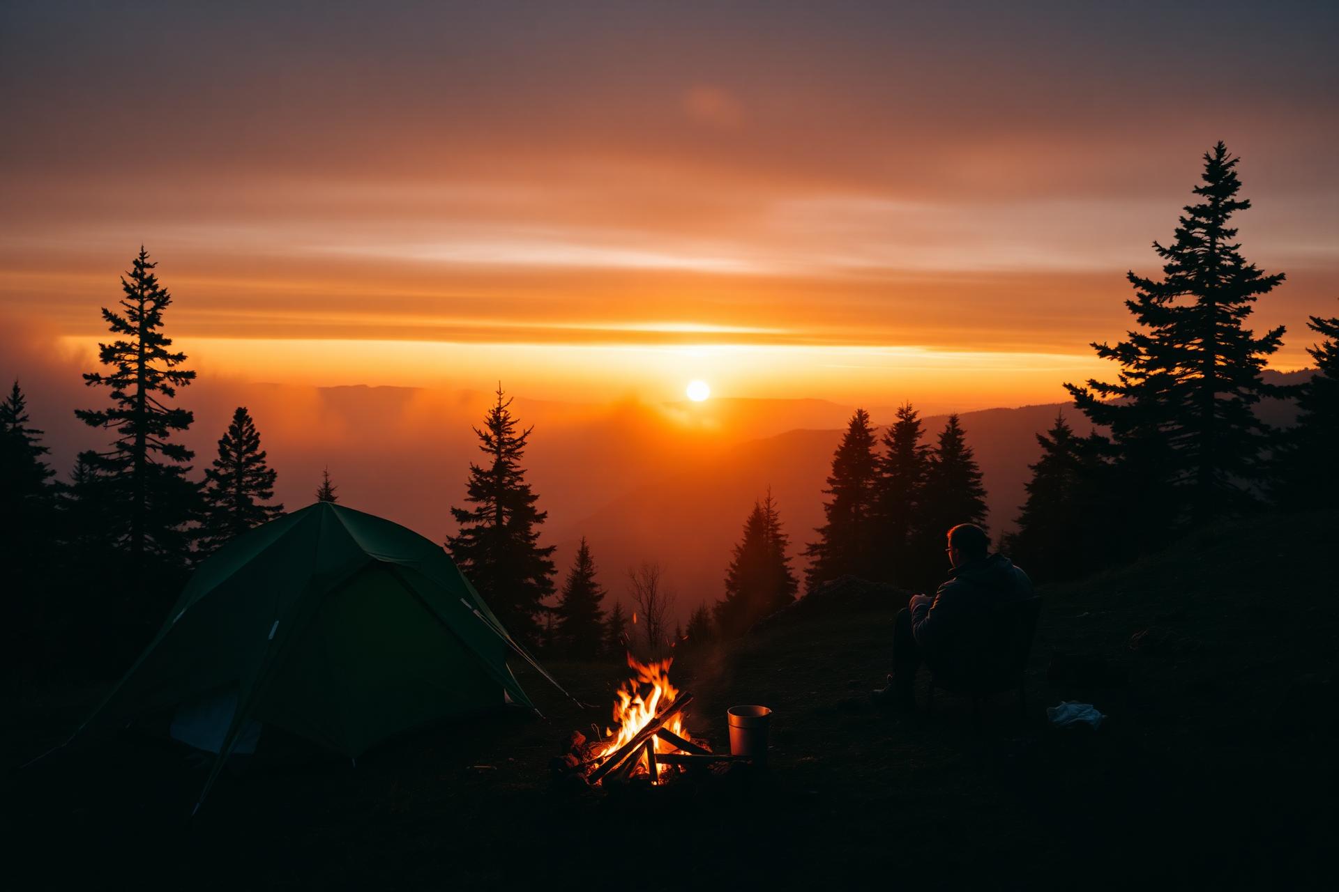 Camper at sunset by tent and fire